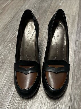 Tahari Black and Brown Two-Tone Leather Block Heel Loafers